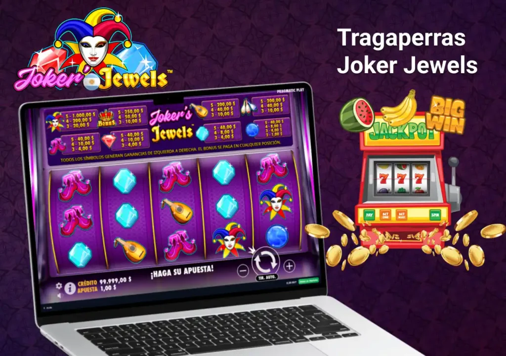 Tragamonedas Joker Jewels en un portátil con el logo y gráficos del juego, mostrando un gran premio de jackpot