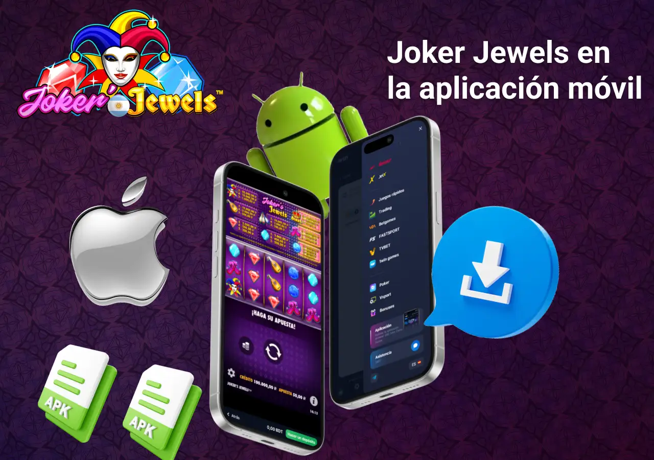 Cómo jugar a Joker Jewels en la aplicación móvil, mostrando las opciones de descarga y los íconos de Android e iOS